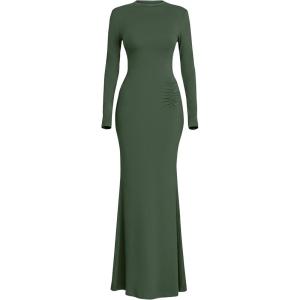 PRETTYGARDEN Fall Dresses for Women 2026 Long Sleeve Bodycon Mock Neck Ruched Maxi Formal Cocktail Wedding Guest Dress(Army Green)