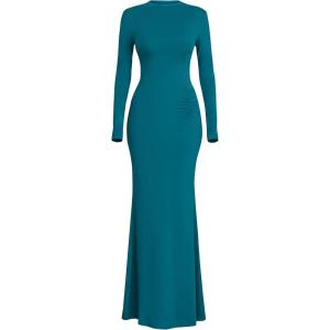 PRETTYGARDEN Fall Dresses for Women 2026 Long Sleeve Bodycon Mock Neck Ruched Maxi Formal Cocktail Wedding Guest Dress(Blue Green)