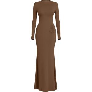 PRETTYGARDEN Fall Dresses for Women 2026 Long Sleeve Bodycon Mock Neck Ruched Maxi Formal Cocktail Wedding Guest Dress(Brown)