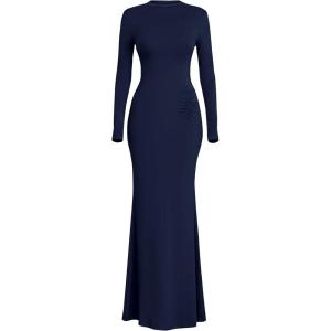 PRETTYGARDEN Fall Dresses for Women 2026 Long Sleeve Bodycon Mock Neck Ruched Maxi Formal Cocktail Wedding Guest Dress(Navy)