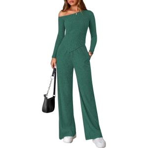 PRETTYGARDEN Fall Two Piece Sets For Women 2026 Off Shoulder Tops Long Pants Knit Matching Lounge Set Airport Travel Outfits(Dark Green)