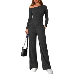 PRETTYGARDEN Fall Two Piece Sets For Women 2026 Off Shoulder Tops Long Pants Knit Matching Lounge Set Airport Travel Outfits(Dark Grey)