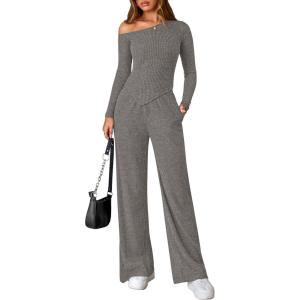 PRETTYGARDEN Fall Two Piece Sets For Women 2026 Off Shoulder Tops Long Pants Knit Matching Lounge Set Airport Travel Outfits(Grey)