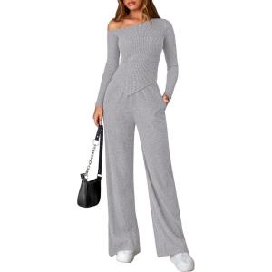 PRETTYGARDEN Fall Two Piece Sets For Women 2026 Off Shoulder Tops Long Pants Knit Matching Lounge Set Airport Travel Outfits(Light Grey)