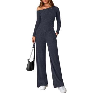 PRETTYGARDEN Fall Two Piece Sets For Women 2026 Off Shoulder Tops Long Pants Knit Matching Lounge Set Airport Travel Outfits(Navy)