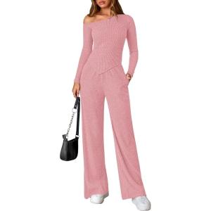 PRETTYGARDEN Fall Two Piece Sets For Women 2026 Off Shoulder Tops Long Pants Knit Matching Lounge Set Airport Travel Outfits(Pink)