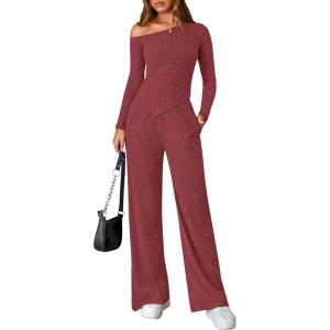 PRETTYGARDEN Fall Two Piece Sets For Women 2026 Off Shoulder Tops Long Pants Knit Matching Lounge Set Airport Travel Outfits(Wine Red)