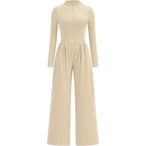 PRETTYGARDEN Long Sleeve Jumpsuit for Women 2026 Fall Date Night Rompers Dressy Casual One Piece Mock Neck Jumpsuits Pockets(Beige)