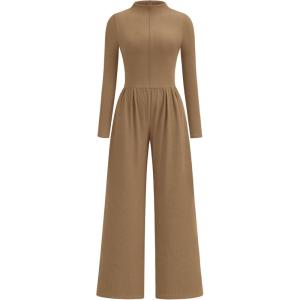 PRETTYGARDEN Long Sleeve Jumpsuit for Women 2026 Fall Date Night Rompers Dressy Casual One Piece Mock Neck Jumpsuits Pockets(Camel)