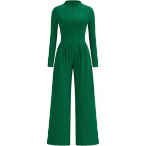 PRETTYGARDEN Long Sleeve Jumpsuit for Women 2026 Fall Date Night Rompers Dressy Casual One Piece Mock Neck Jumpsuits Pockets(Green)