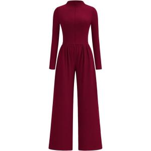 PRETTYGARDEN Long Sleeve Jumpsuit for Women 2026 Fall Date Night Rompers Dressy Casual One Piece Mock Neck Jumpsuits Pockets(Wine Red)