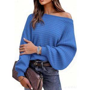 PRETTYGARDEN Sweaters for Women Oversized Spring Boat Neck Pullover Long Sleeve Knit Tops Cozy Fall Winter Fashion Clothing(Blue)