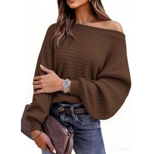 PRETTYGARDEN Sweaters for Women Oversized Spring Boat Neck Pullover Long Sleeve Knit Tops Cozy Fall Winter Fashion Clothing(Brown)