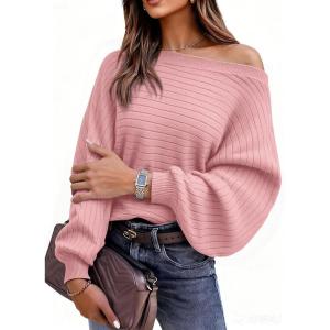 PRETTYGARDEN Sweaters for Women Oversized Spring Boat Neck Pullover Long Sleeve Knit Tops Cozy Fall Winter Fashion Clothing(Pink)