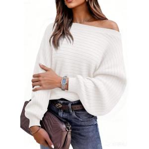 PRETTYGARDEN Sweaters for Women Oversized Spring Boat Neck Pullover Long Sleeve Knit Tops Cozy Fall Winter Fashion Clothing(White)