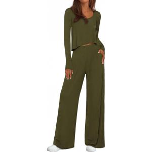PRETTYGARDEN Women’s 2 Piece Lounge Fall Sets Casual Long Sleeve Pajamas Comfy Pants Matching Spring Travel Outfits Clothes(Army Green)