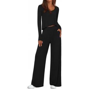 PRETTYGARDEN Women’s 2 Piece Lounge Fall Sets Casual Long Sleeve Pajamas Comfy Pants Matching Spring Travel Outfits Clothes(Black)