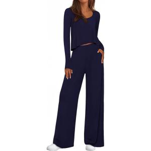PRETTYGARDEN Women’s 2 Piece Lounge Fall Sets Casual Long Sleeve Pajamas Comfy Pants Matching Spring Travel Outfits Clothes(Navy Blue)