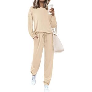 PRETTYGARDEN Womens 2 Piece Matching Lounge Sets 2025 Fall Long Sleeve Boatneck Sweatsuit Drawstring Sweatpants Pockets(Beige)