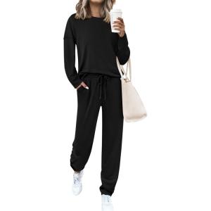 PRETTYGARDEN Womens 2 Piece Matching Lounge Sets 2025 Fall Long Sleeve Boatneck Sweatsuit Drawstring Sweatpants Pockets(Black)