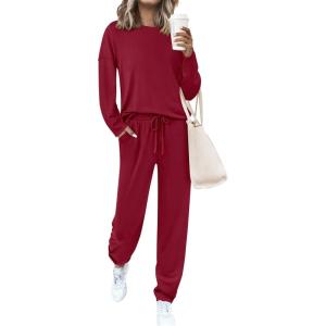 PRETTYGARDEN Womens 2 Piece Matching Lounge Sets 2025 Fall Long Sleeve Boatneck Sweatsuit Drawstring Sweatpants Pockets(Burgundy)