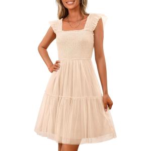 PRETTYGARDEN Womens 2025 Trendy Mini Summer Dresses Sleeveless Tulle Ruffle Square Neck Tiered Smocked Beach Vacation Dress(Apricot)