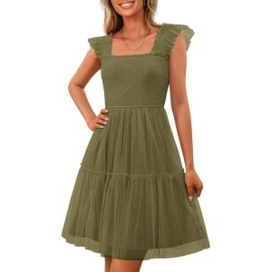 PRETTYGARDEN Womens 2025 Trendy Mini Summer Dresses Sleeveless Tulle Ruffle Square Neck Tiered Smocked Beach Vacation Dress(Army Green)
