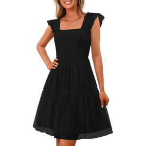 PRETTYGARDEN Womens 2025 Trendy Mini Summer Dresses Sleeveless Tulle Ruffle Square Neck Tiered Smocked Beach Vacation Dress(Black)