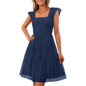 PRETTYGARDEN Womens 2025 Trendy Mini Summer Dresses Sleeveless Tulle Ruffle Square Neck Tiered Smocked Beach Vacation Dress(Navy)