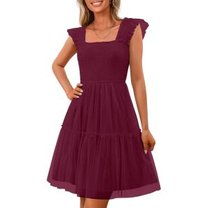 PRETTYGARDEN Womens 2025 Trendy Mini Summer Dresses Sleeveless Tulle Ruffle Square Neck Tiered Smocked Beach Vacation Dress(Wine Red)