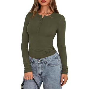 PRETTYGARDEN Womens Casual Long Sleeve Tops 2026 Fall Crew Neck Fitted Henley Shirts Basic Tee Blouse Knit Going Out Outfits(Army Green)