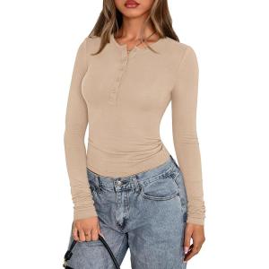 PRETTYGARDEN Womens Casual Long Sleeve Tops 2026 Fall Crew Neck Fitted Henley Shirts Basic Tee Blouse Knit Going Out Outfits(Beige)