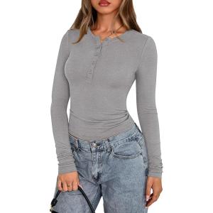 PRETTYGARDEN Womens Casual Long Sleeve Tops 2026 Fall Crew Neck Fitted Henley Shirts Basic Tee Blouse Knit Going Out Outfits(Grey)