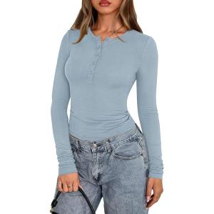 PRETTYGARDEN Womens Casual Long Sleeve Tops 2026 Fall Crew Neck Fitted Henley Shirts Basic Tee Blouse Knit Going Out Outfits(Sky Blue)