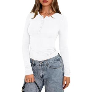 PRETTYGARDEN Womens Casual Long Sleeve Tops 2026 Fall Crew Neck Fitted Henley Shirts Basic Tee Blouse Knit Going Out Outfits(White)