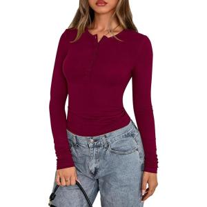 PRETTYGARDEN Womens Casual Long Sleeve Tops 2026 Fall Crew Neck Fitted Henley Shirts Basic Tee Blouse Knit Going Out Outfits(Wine Red)