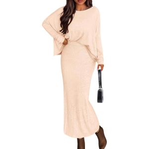 PRETTYGARDEN Women’s Fall 2026 Two Piece Matching Skirt Sets Long Sleeve Tops Maxi Long Slit Bodycon Skirts Vacation Outfits(Apricot)