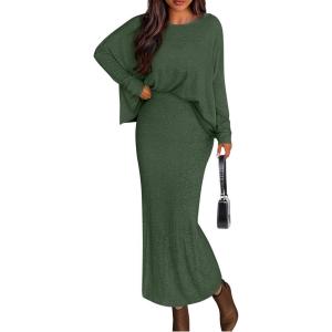PRETTYGARDEN Women’s Fall 2026 Two Piece Matching Skirt Sets Long Sleeve Tops Maxi Long Slit Bodycon Skirts Vacation Outfits(Army Green)