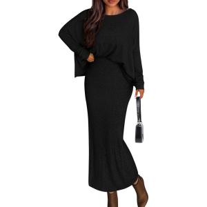 PRETTYGARDEN Women’s Fall 2026 Two Piece Matching Skirt Sets Long Sleeve Tops Maxi Long Slit Bodycon Skirts Vacation Outfits(Black)