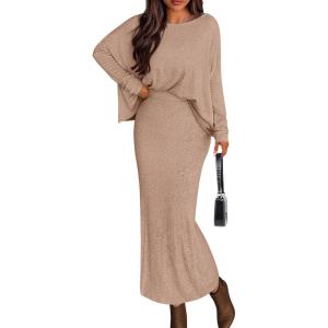 PRETTYGARDEN Women’s Fall 2026 Two Piece Matching Skirt Sets Long Sleeve Tops Maxi Long Slit Bodycon Skirts Vacation Outfits(Khaki)