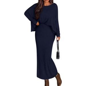 PRETTYGARDEN Women’s Fall 2026 Two Piece Matching Skirt Sets Long Sleeve Tops Maxi Long Slit Bodycon Skirts Vacation Outfits(Navy Blue)