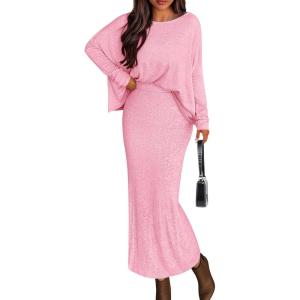 PRETTYGARDEN Women’s Fall 2026 Two Piece Matching Skirt Sets Long Sleeve Tops Maxi Long Slit Bodycon Skirts Vacation Outfits(Pink)