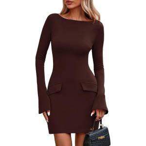 PRETTYGARDEN Womens Fall Long Sleeve Mini Dress 2025 Trendy Boat Neck Bodycon Knit Elegant Short Party Formal Dresses(Brown)