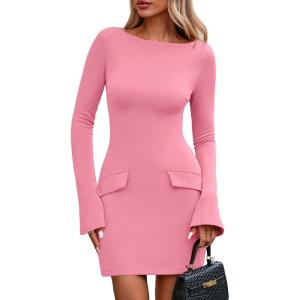 PRETTYGARDEN Womens Fall Long Sleeve Mini Dress 2025 Trendy Boat Neck Bodycon Knit Elegant Short Party Formal Dresses(Pink)