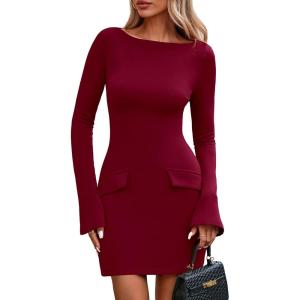 PRETTYGARDEN Womens Fall Long Sleeve Mini Dress 2025 Trendy Boat Neck Bodycon Knit Elegant Short Party Formal Dresses(Red)