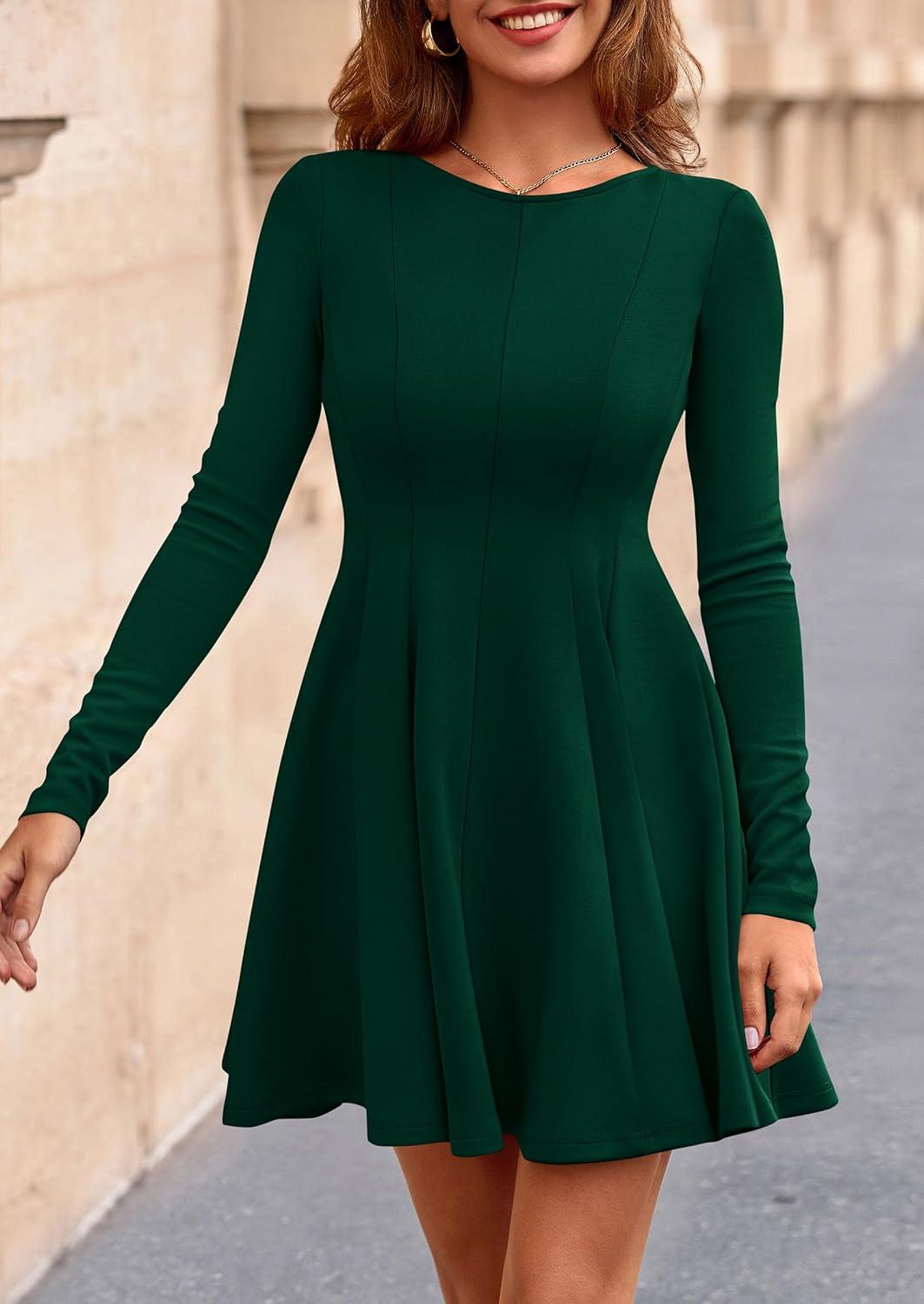 imagePRETTYGARDEN Fall Cocktail Dresses for Women Elegant Classy Wedding Guest 2026 Long Sleeve Homecoming Party A Line Mini DressDark Green