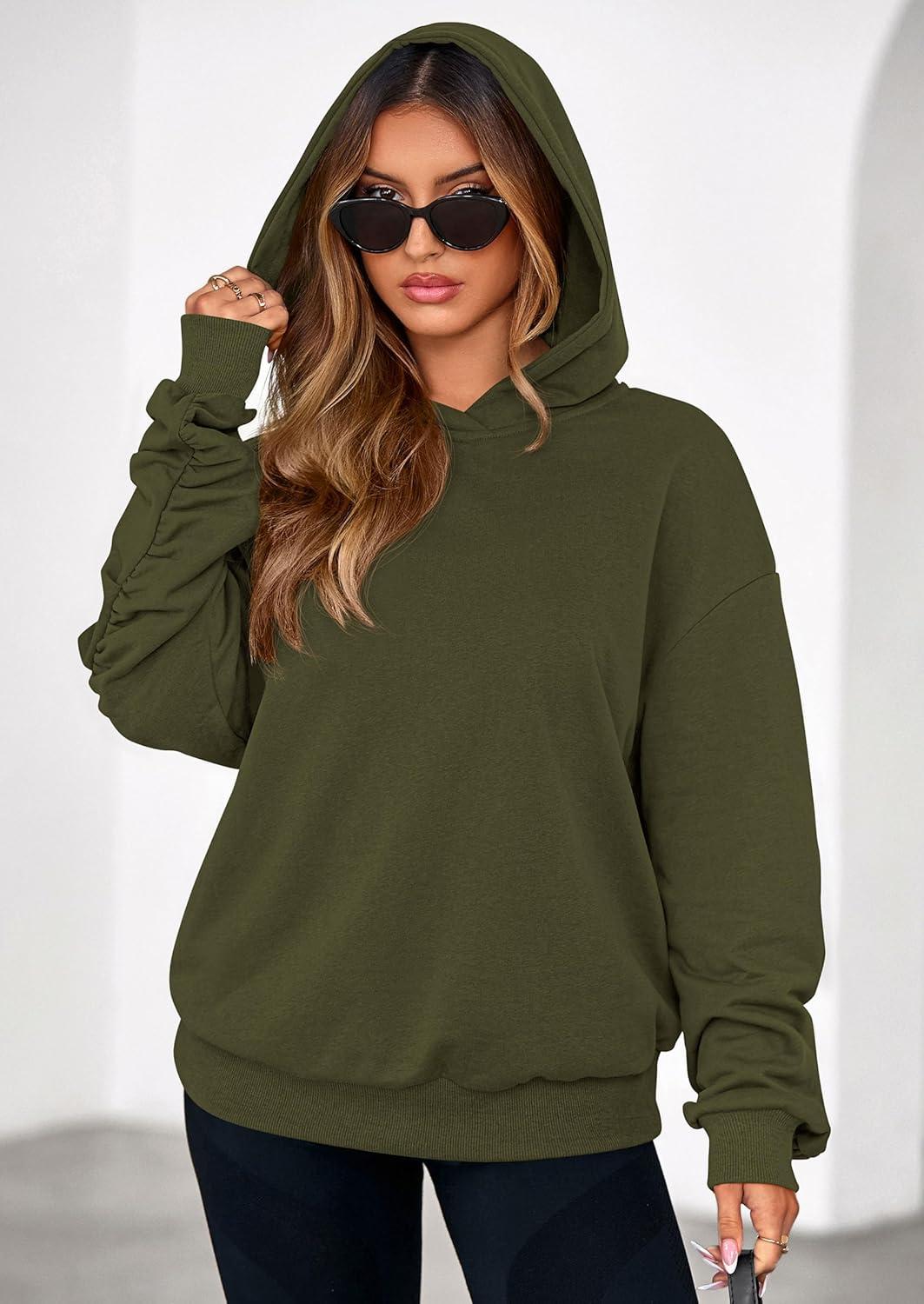 imagePRETTYGARDEN Hoodies for Women Oversized Pullover Sweatshirts Ruched Long Sleeve Casual Tops Spring Fall Fashion Y2K ClothesArmy Green