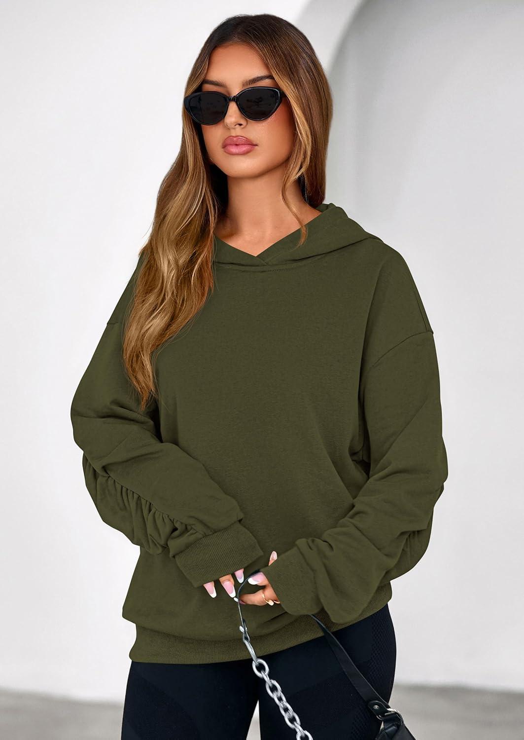 imagePRETTYGARDEN Hoodies for Women Oversized Pullover Sweatshirts Ruched Long Sleeve Casual Tops Spring Fall Fashion Y2K ClothesArmy Green