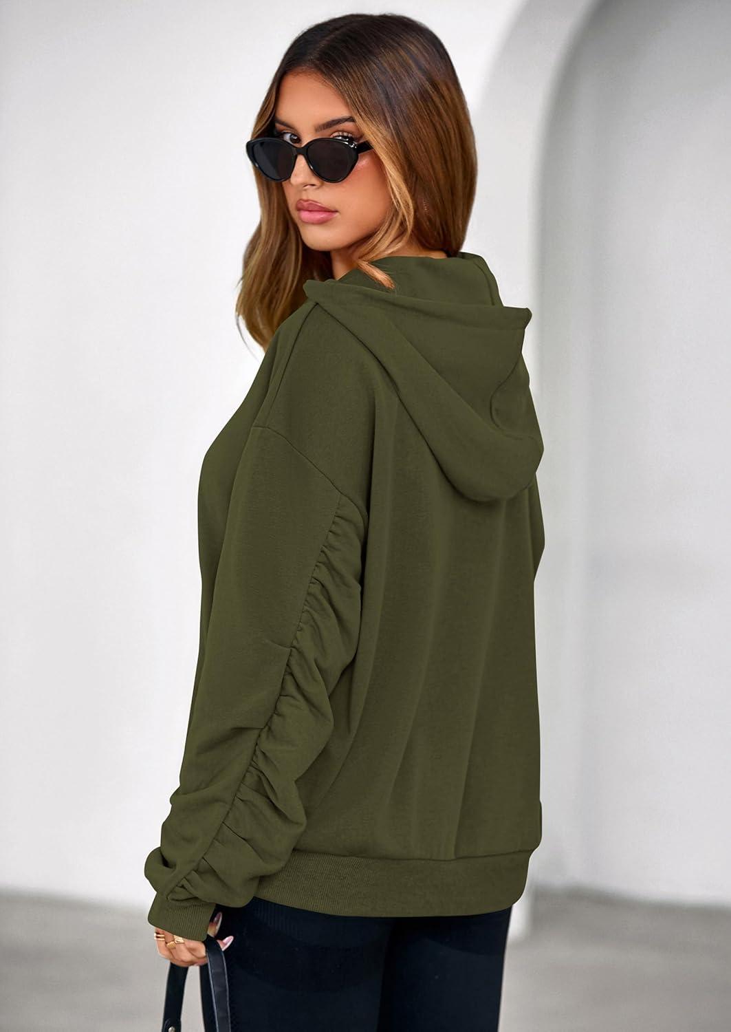 imagePRETTYGARDEN Hoodies for Women Oversized Pullover Sweatshirts Ruched Long Sleeve Casual Tops Spring Fall Fashion Y2K ClothesArmy Green