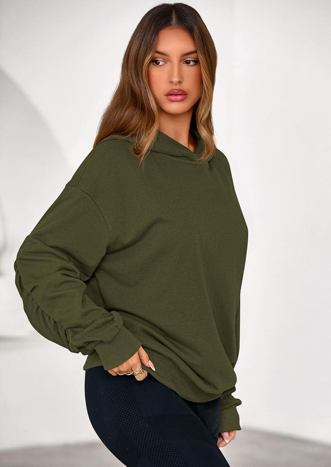 imagePRETTYGARDEN Hoodies for Women Oversized Pullover Sweatshirts Ruched Long Sleeve Casual Tops Spring Fall Fashion Y2K ClothesArmy Green